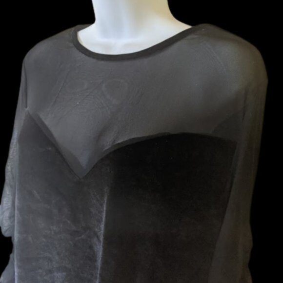 Sexy Black Velour and Mesh Long Sleeve Top with Ruched Sleeves 1XL New - Picture 4 of 6